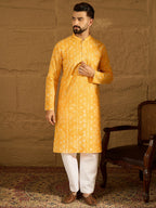 Men Yellow Cotton Batik Embroidered Straight Kurta with Trouser-MKSET1675