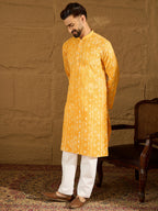 Men Yellow Cotton Batik Embroidered Straight Kurta with Trouser-MKSET1675