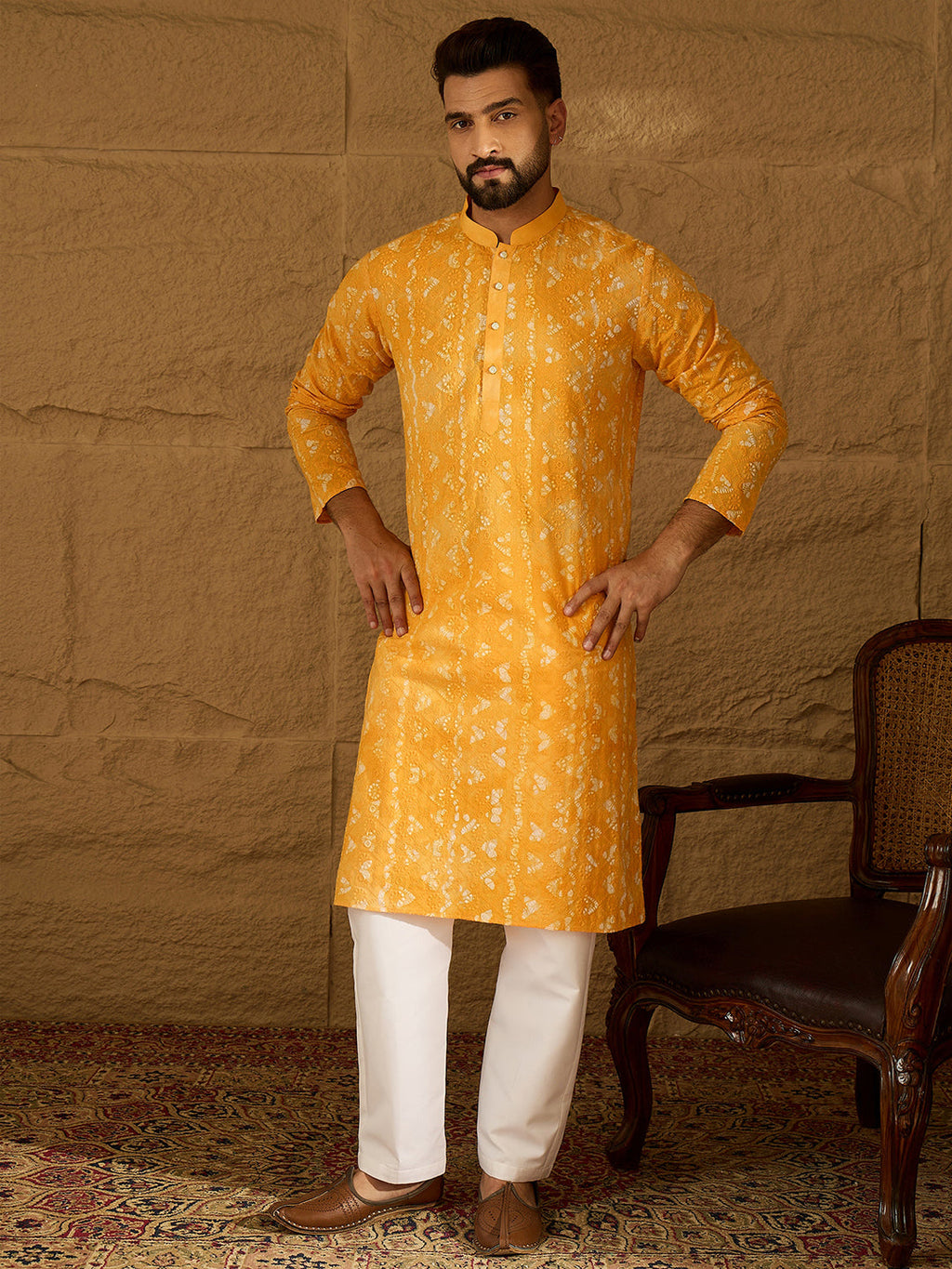 Men Yellow Cotton Batik Embroidered Straight Kurta with Trouser-MKSET1675