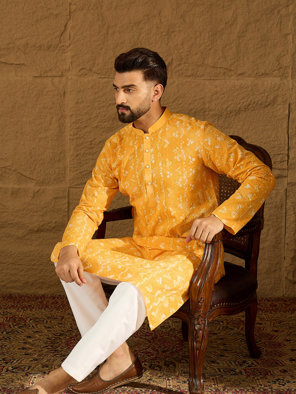 Men Yellow Cotton Batik Embroidered Straight Kurta with Trouser-MKSET1675