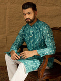 Men Blue Cotton Batik Embroidered Straight Kurta with Trouser-MKSET1676