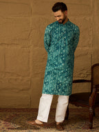 Men Blue Cotton Batik Embroidered Straight Kurta with Trouser-MKSET1676