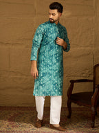 Men Blue Cotton Batik Embroidered Straight Kurta with Trouser-MKSET1676