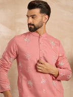 Men Pink Cotton Solid Embroidered Straight Kurta Sets-MKSET1677