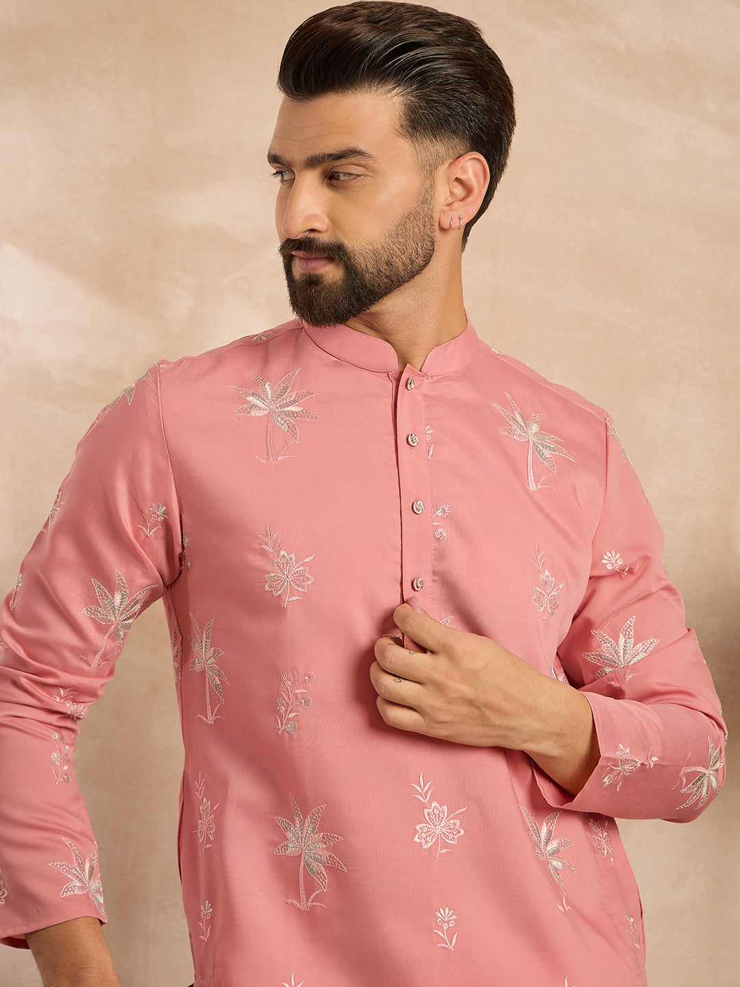 Men Pink Cotton Solid Embroidered Straight Kurta Sets-MKSET1677