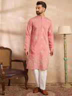 Men Pink Cotton Solid Embroidered Straight Kurta Sets-MKSET1677