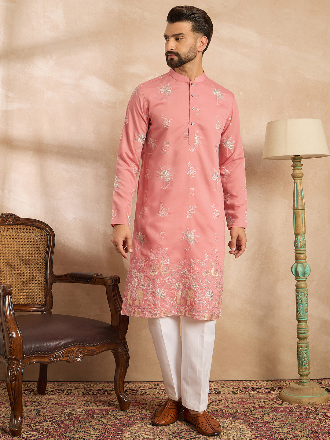 Men Pink Cotton Solid Embroidered Straight Kurta Sets-MKSET1677