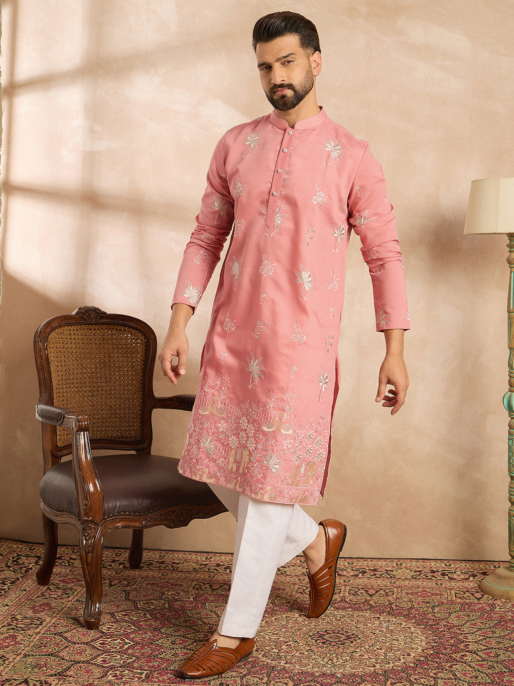 Men Pink Cotton Solid Embroidered Straight Kurta Sets-MKSET1677