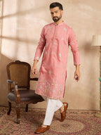 Men Pink Cotton Solid Embroidered Straight Kurta Sets-MKSET1677