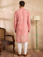 Men Pink Cotton Solid Embroidered Straight Kurta Sets-MKSET1677