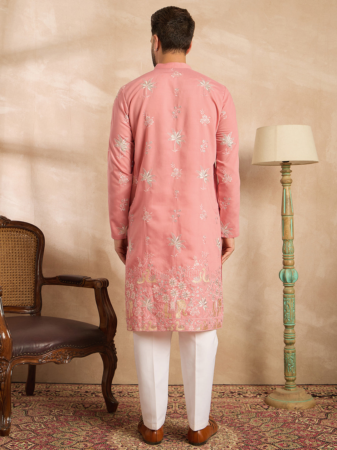 Men Pink Cotton Solid Embroidered Straight Kurta Sets-MKSET1677