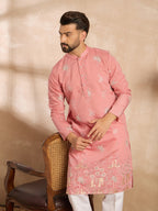 Men Pink Cotton Solid Embroidered Straight Kurta Sets-MKSET1677