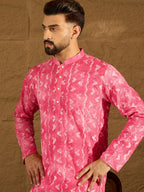 Men Pink Cotton Batik Embroidered Straight Kurta with Trouser-MKSET1678