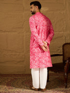 Men Pink Cotton Batik Embroidered Straight Kurta with Trouser-MKSET1678