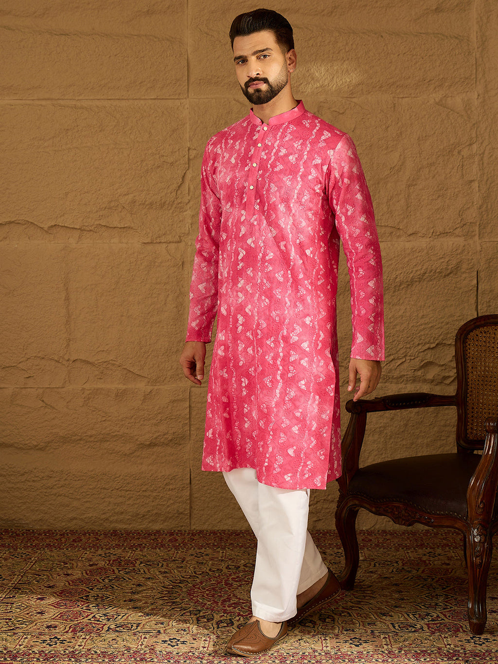 Men Pink Cotton Batik Embroidered Straight Kurta with Trouser-MKSET1678