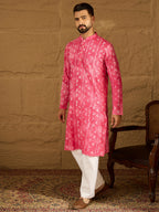 Men Pink Cotton Batik Embroidered Straight Kurta with Trouser-MKSET1678