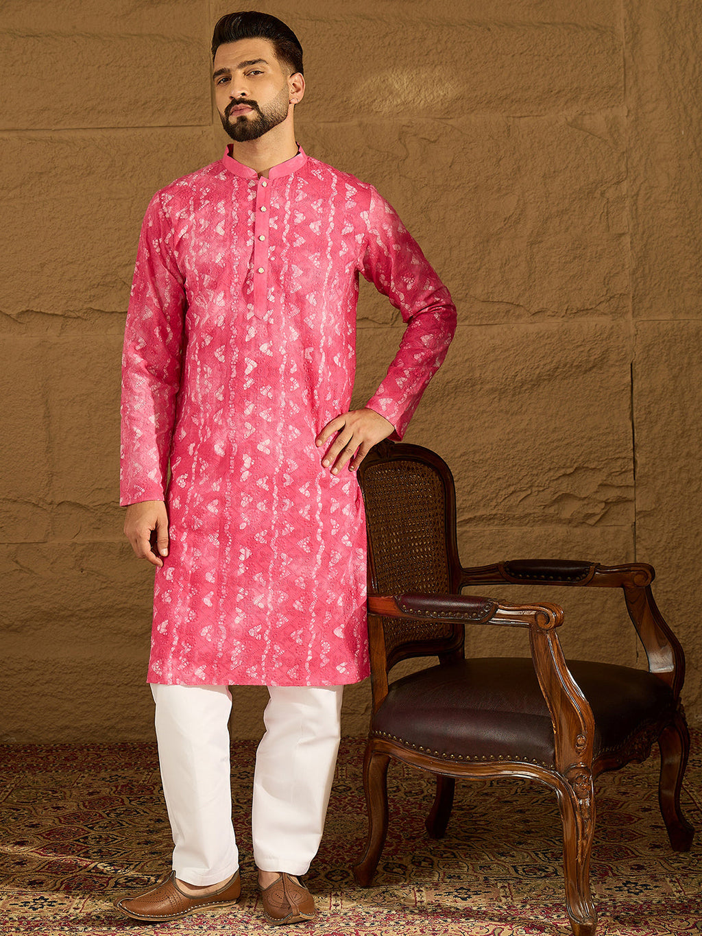 Men Pink Cotton Batik Embroidered Straight Kurta with Trouser-MKSET1678