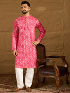 Men Pink Cotton Batik Embroidered Straight Kurta with Trouser-MKSET1678