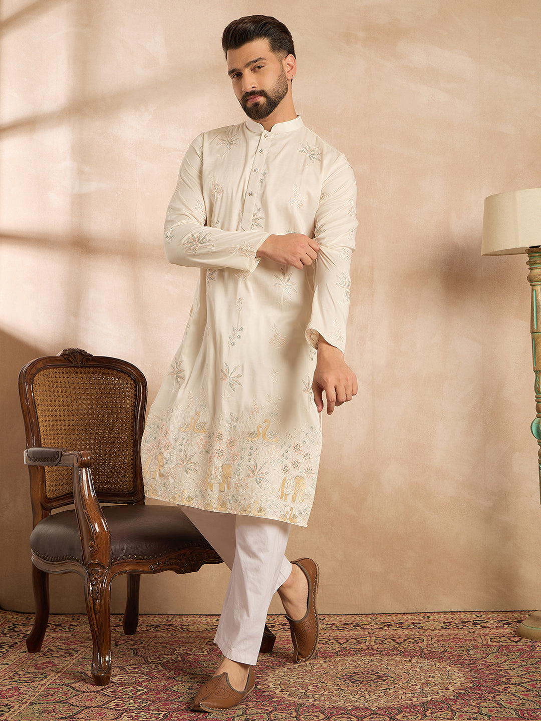 Men White Silk Blend Solid Embroidered Straight Kurta Sets-MKSET1680