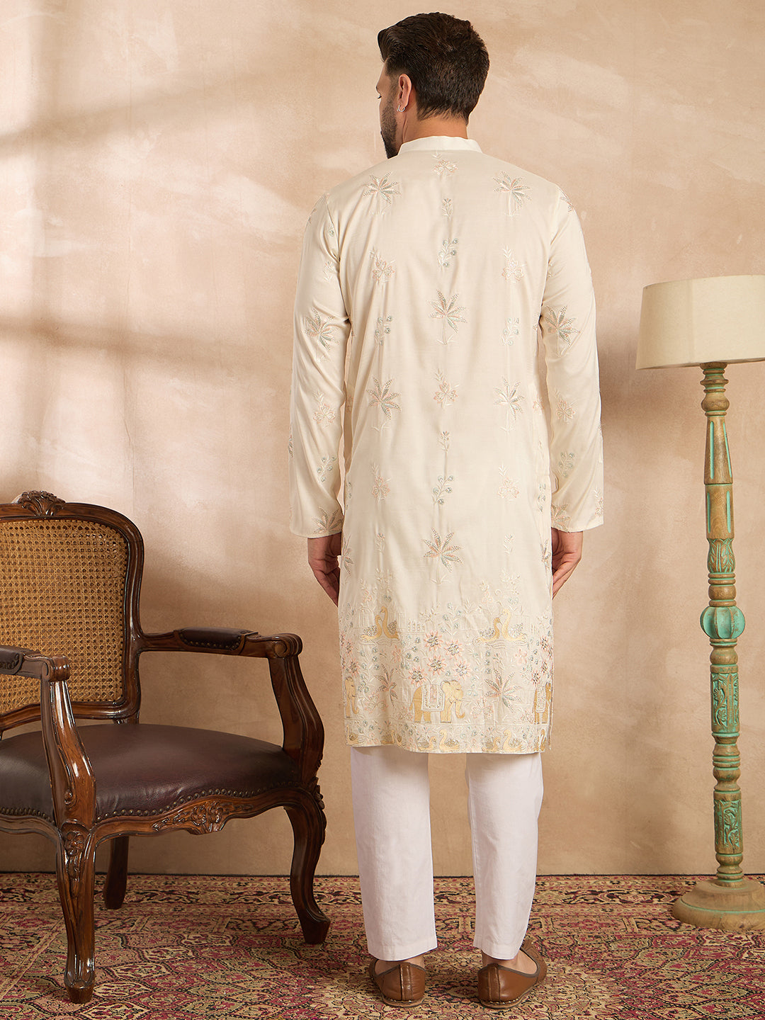 Men White Silk Blend Solid Embroidered Straight Kurta Sets-MKSET1680