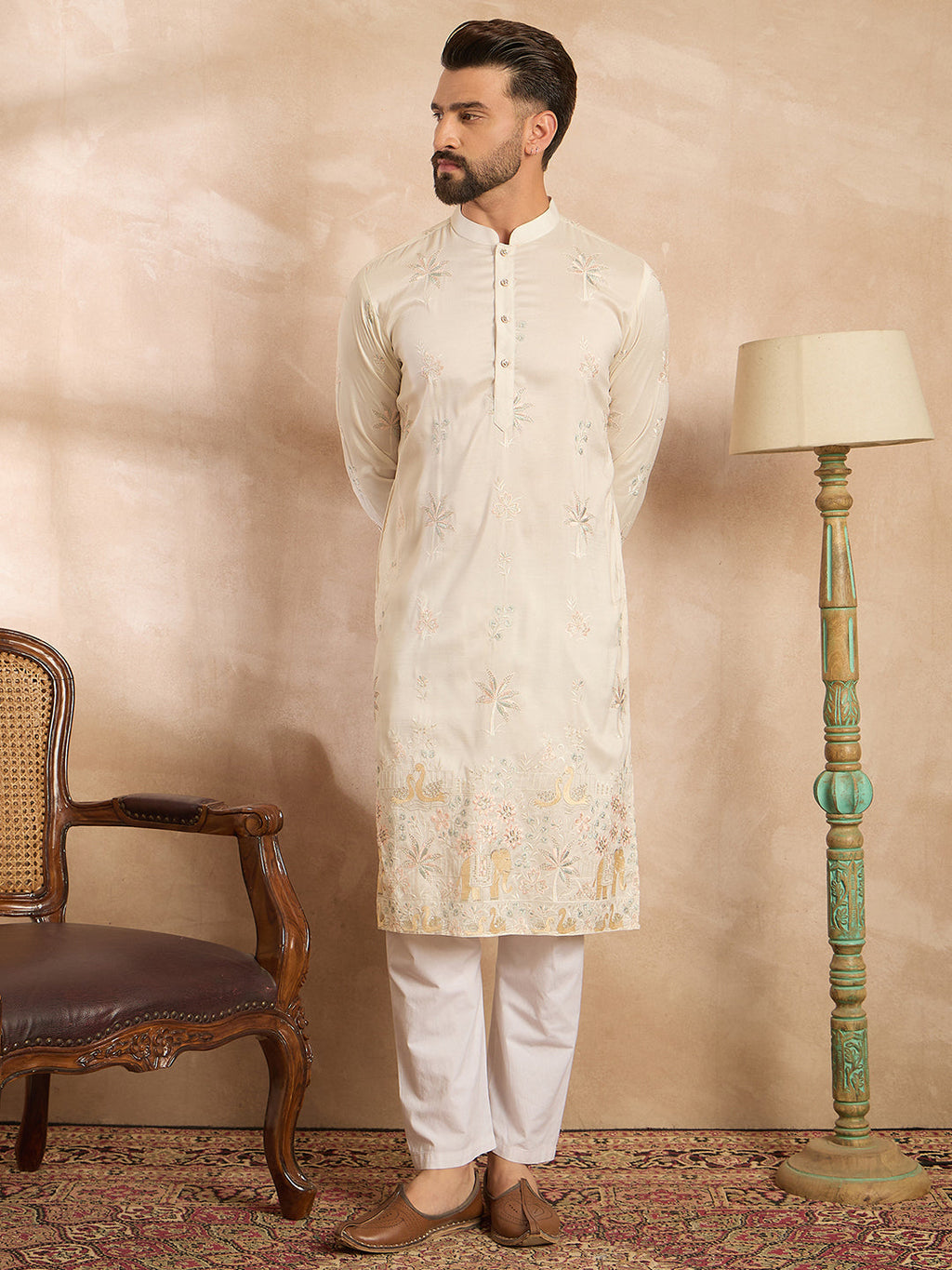 Men White Silk Blend Solid Embroidered Straight Kurta Sets-MKSET1680