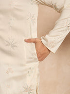 Men White Silk Blend Solid Embroidered Straight Kurta Sets-MKSET1680