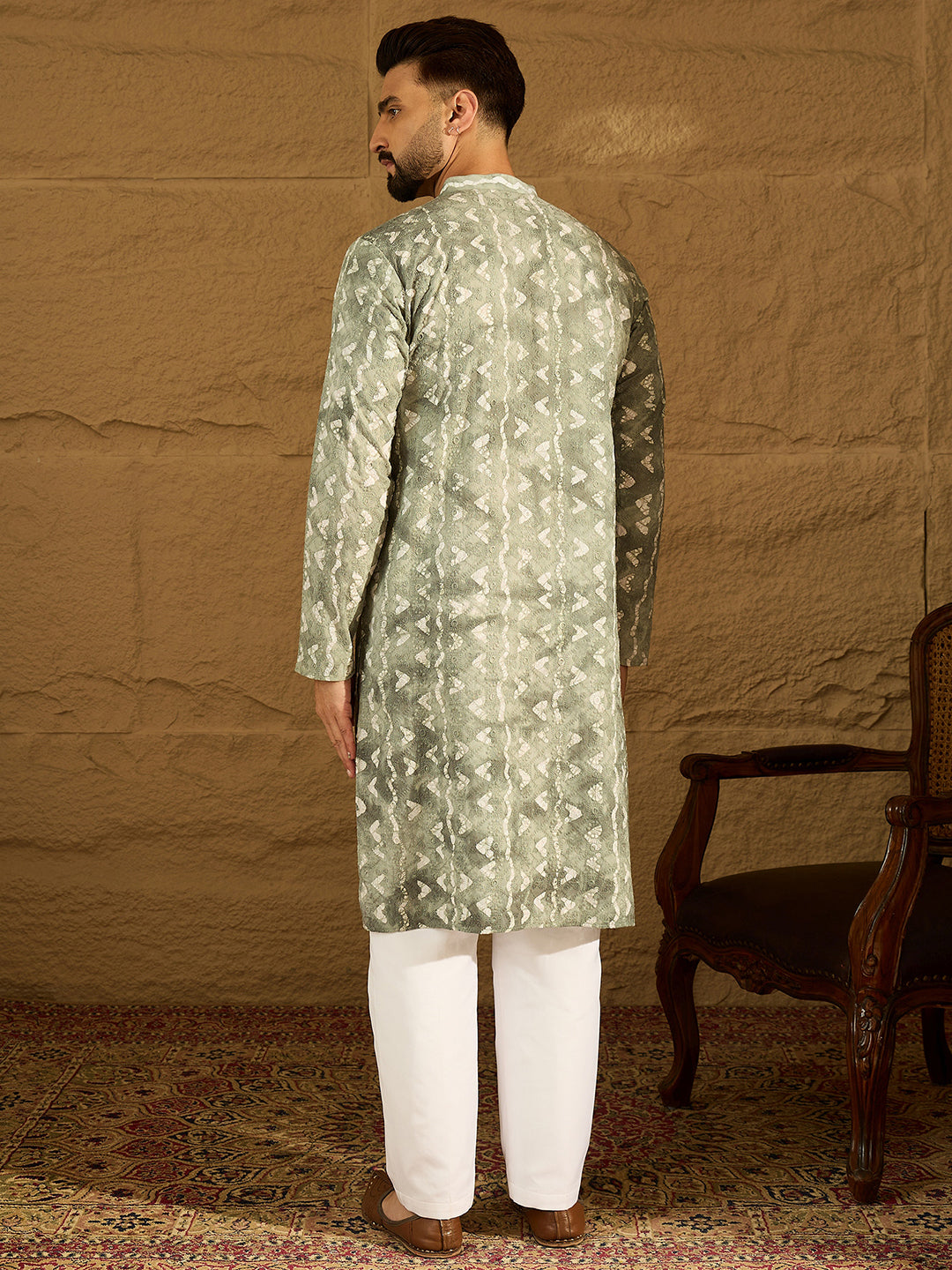 Men Sea Green Cotton Batik Embroidered Straight Kurta with Trouser-MKSET1681