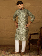 Men Sea Green Cotton Batik Embroidered Straight Kurta with Trouser-MKSET1681