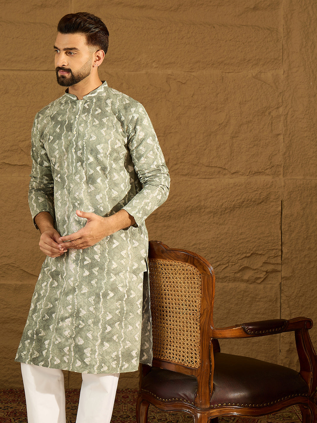 Men Sea Green Cotton Batik Embroidered Straight Kurta with Trouser-MKSET1681