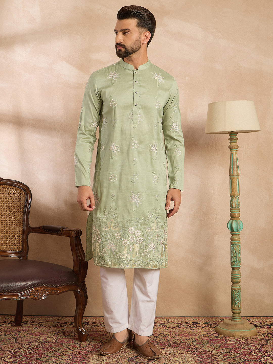 Men Olive Silk Blend Solid Embroidered Straight Kurta Sets-MKSET1682