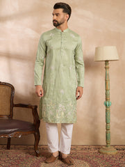 Men Olive Silk Blend Solid Embroidered Straight Kurta Sets-MKSET1682