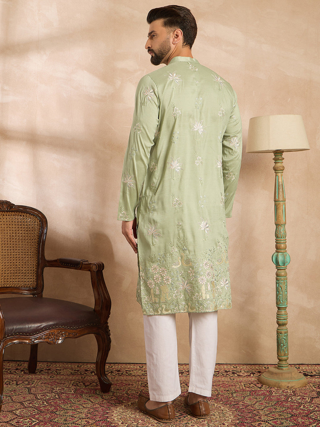 Men Olive Silk Blend Solid Embroidered Straight Kurta Sets-MKSET1682