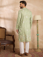 Men Olive Silk Blend Solid Embroidered Straight Kurta Sets-MKSET1682