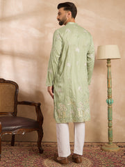 Men Olive Silk Blend Solid Embroidered Straight Kurta Sets-MKSET1682