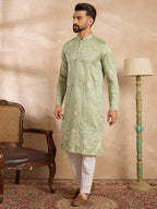 Men Olive Silk Blend Solid Embroidered Straight Kurta Sets-MKSET1682