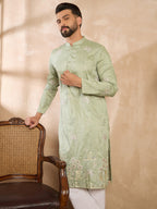Men Olive Silk Blend Solid Embroidered Straight Kurta Sets-MKSET1682