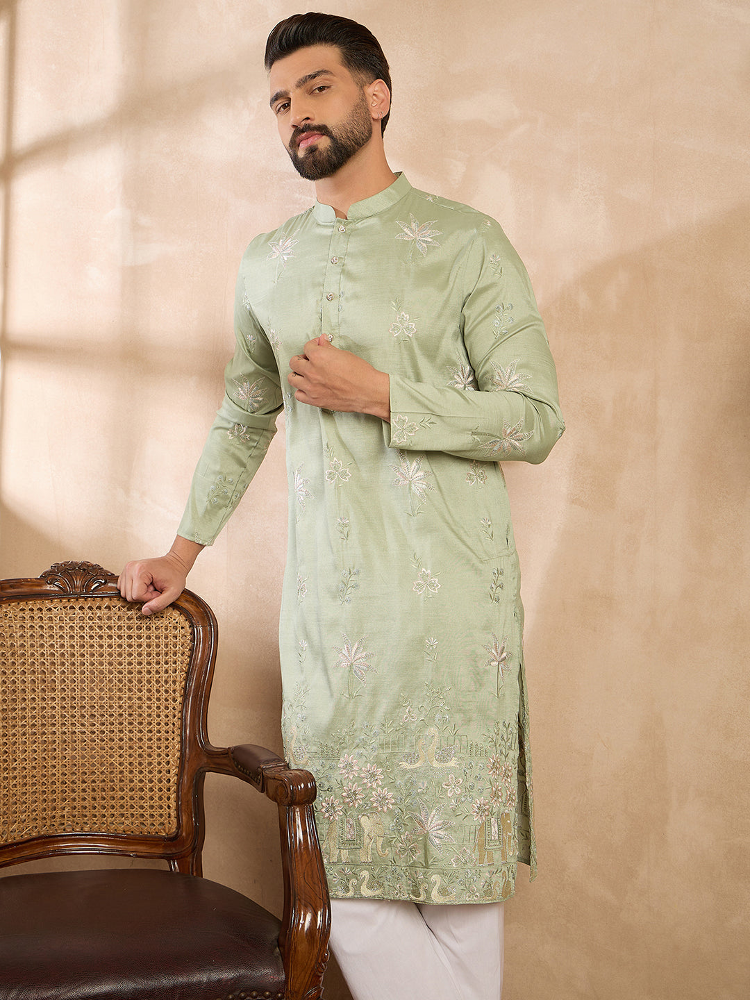 Men Olive Silk Blend Solid Embroidered Straight Kurta Sets-MKSET1682