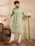 Men Olive Silk Blend Solid Embroidered Straight Kurta Sets-MKSET1682