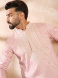 Men Pink Silk Geometric Embroidered Straight Kurta Sets-MKSET1683