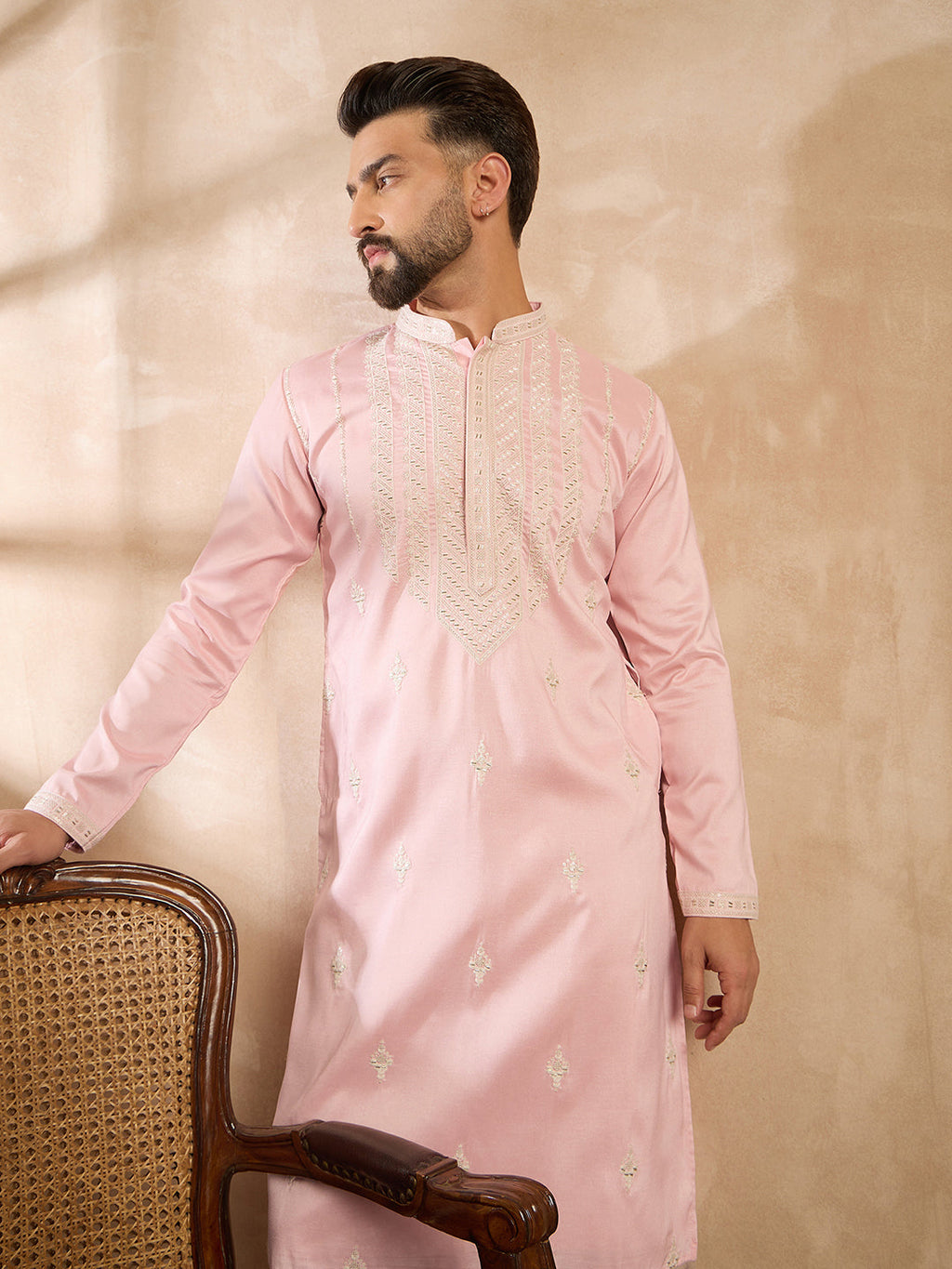 Men Pink Silk Geometric Embroidered Straight Kurta Sets-MKSET1683