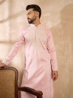 Men Pink Silk Geometric Embroidered Straight Kurta Sets-MKSET1683