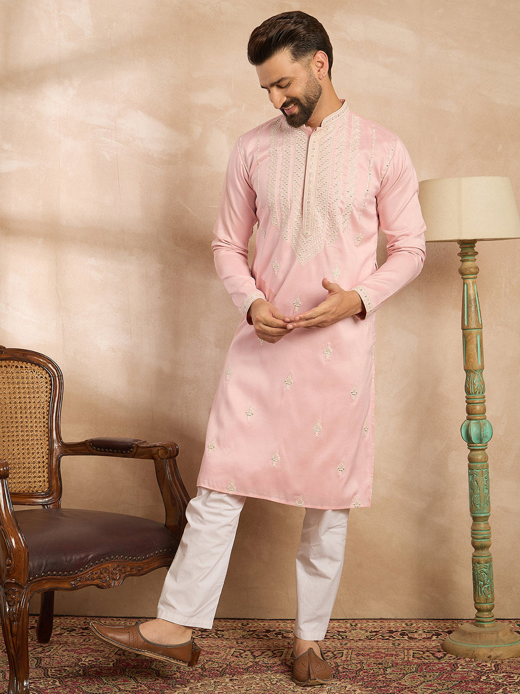 Men Pink Silk Geometric Embroidered Straight Kurta Sets-MKSET1683