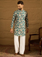 Men Blue Silk Blend Floral Printed Straight Kurta with Trouser-MKSET1684