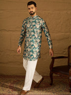 Men Blue Silk Blend Floral Printed Straight Kurta with Trouser-MKSET1684