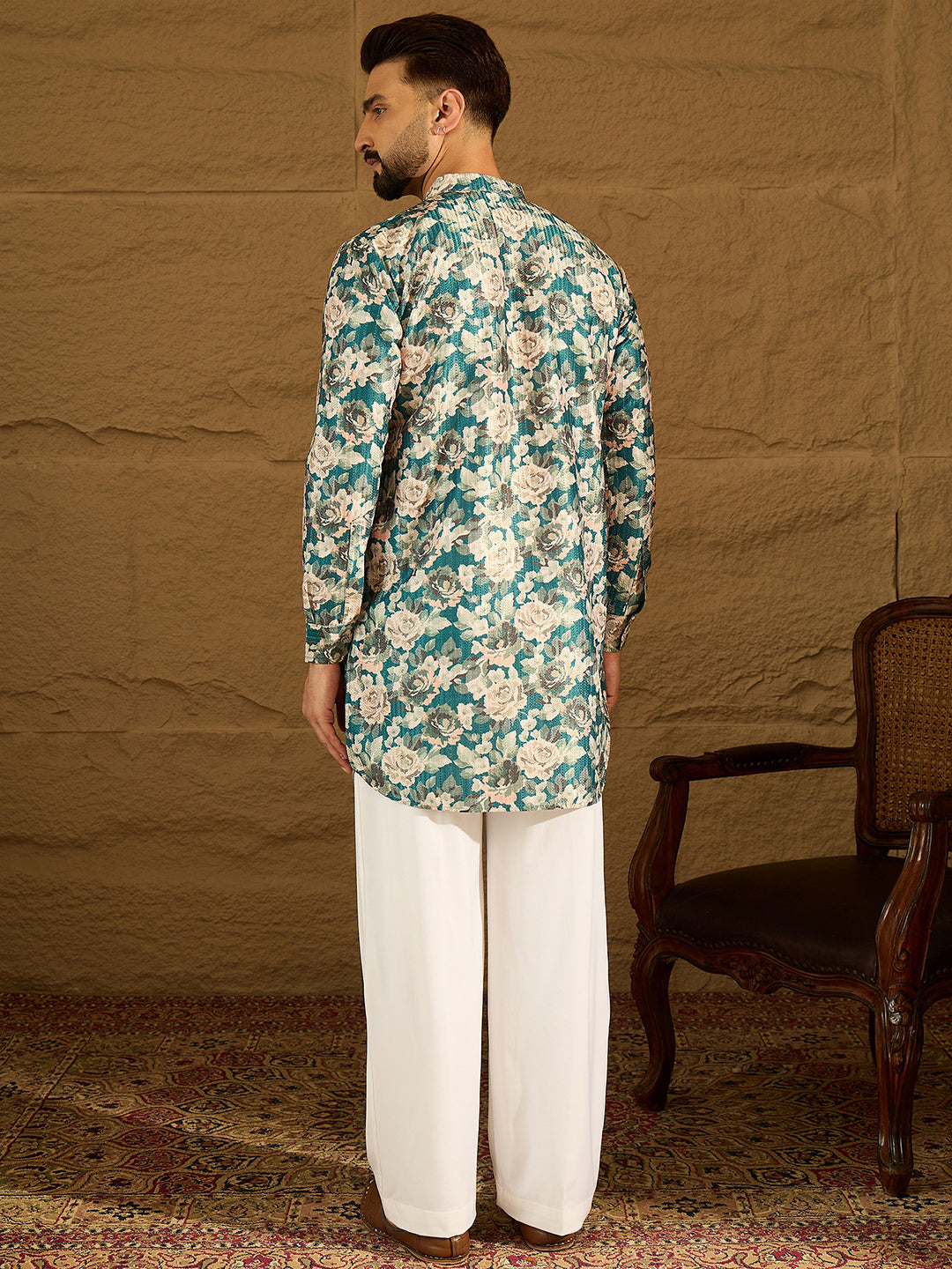 Men Blue Silk Blend Floral Printed Straight Kurta with Trouser-MKSET1684