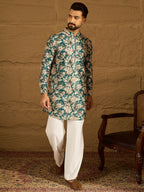 Men Blue Silk Blend Floral Printed Straight Kurta with Trouser-MKSET1684