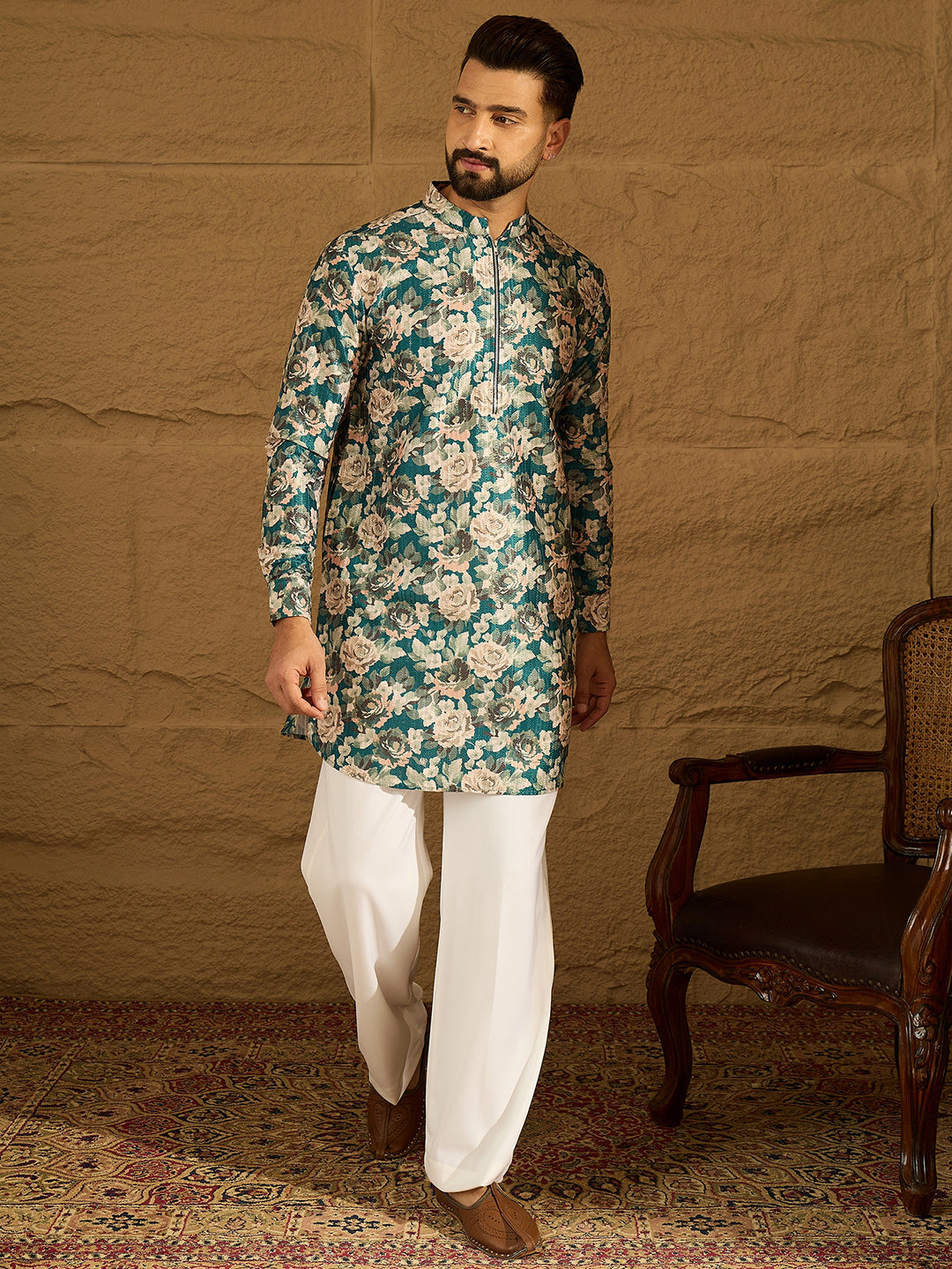 Men Blue Silk Blend Floral Printed Straight Kurta with Trouser-MKSET1684