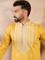 Men Yellow Silk Blend Geometric Embroidered Straight Kurta Sets-MKSET1685