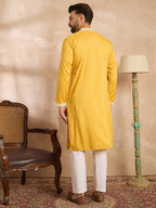 Men Yellow Silk Blend Geometric Embroidered Straight Kurta Sets-MKSET1685