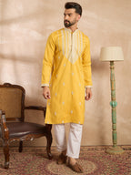 Men Yellow Silk Blend Geometric Embroidered Straight Kurta Sets-MKSET1685